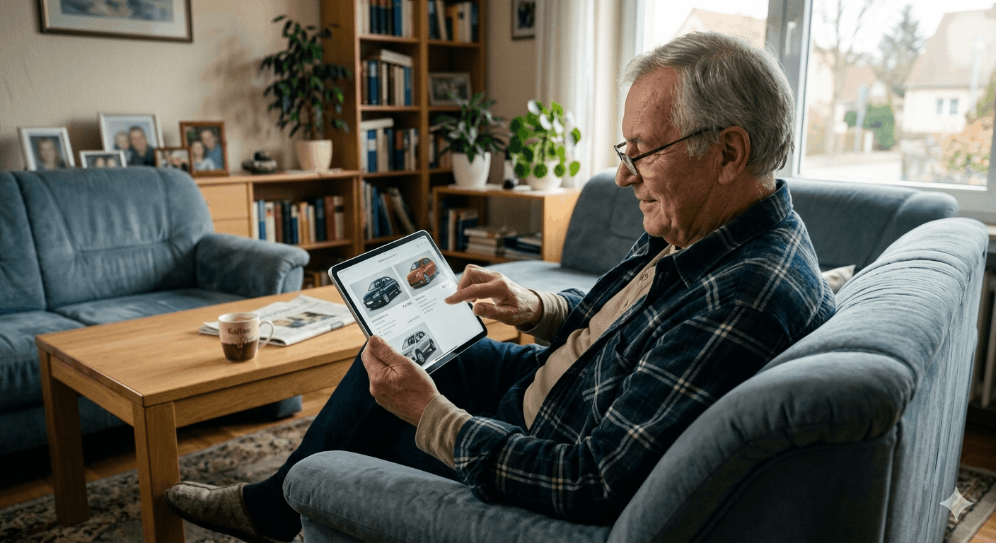 Senior begutachtet Autos vom Sofa aus Gemeinsam mobil bleiben Der große, allumfassende Ratgeber für Senioren rund um den Autokauf, sicheren Verkauf und die digitale Zulassung 2026