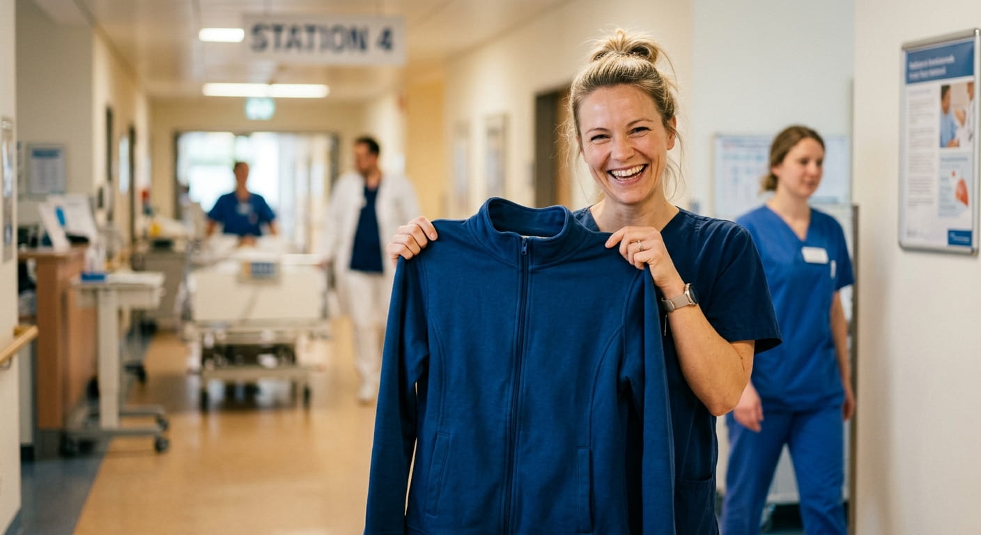 glückliche Krankenschwester neue Jacke