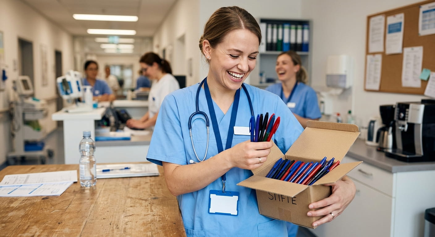 glückliche Krankenschwester neue Kugelschreiber